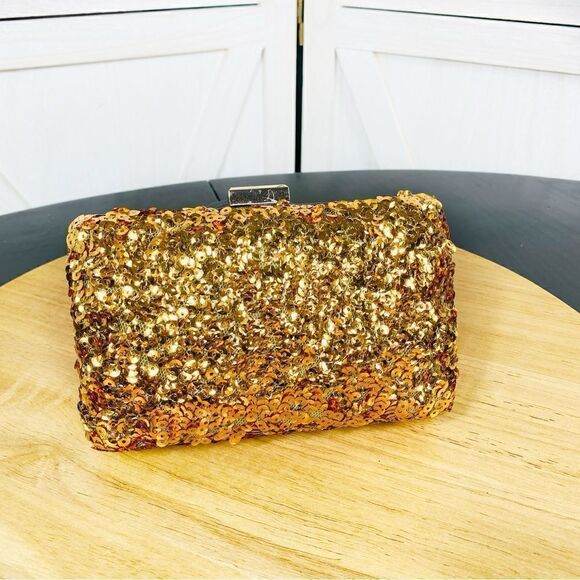 Street Level Sequin Hardside Mini Clutch Evening Bag Metallic Gold - Picture 1 of 8